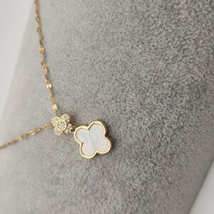 18K Gold Plated Stainless Steel Double  Clover Pendant Necklace, Pearl White